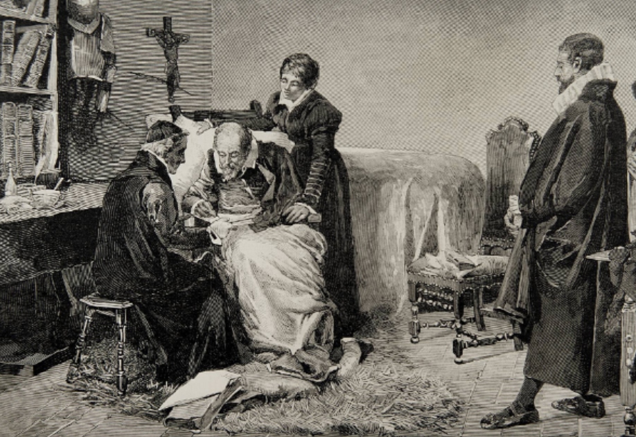 Ilustración de 1883 que representa a Miguel de Cervantes escribiendo la dedicatoria de Los trabajos de Persiles y Sigismunda (Foto. Getty Images)