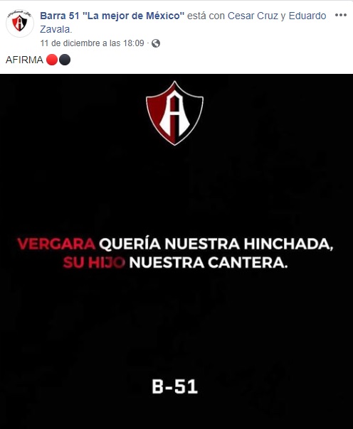 Mensaje de la Barra 51 contra Chivas (Facebook)