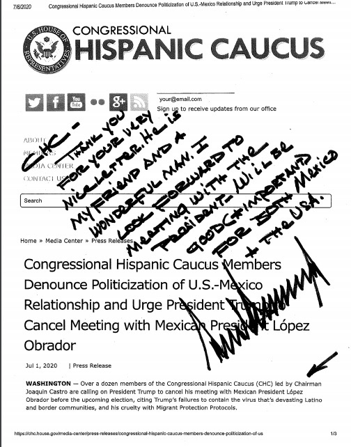 La respuesta de Trump fue a mano y encima de la carta del Caucus Hispano. (Especial)